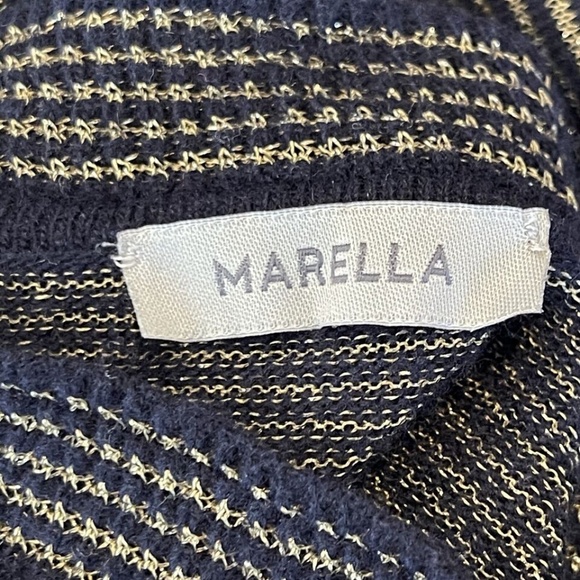 Marella Blue Ruffle Knit Sweater Size XS Gold Stripes Preppy Holiday Jumper - Picture 7 of 8